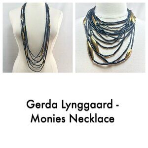 Gerda Lynggaard Monies Necklace SIGNED Black Brass Long Beaded Statement Gold
